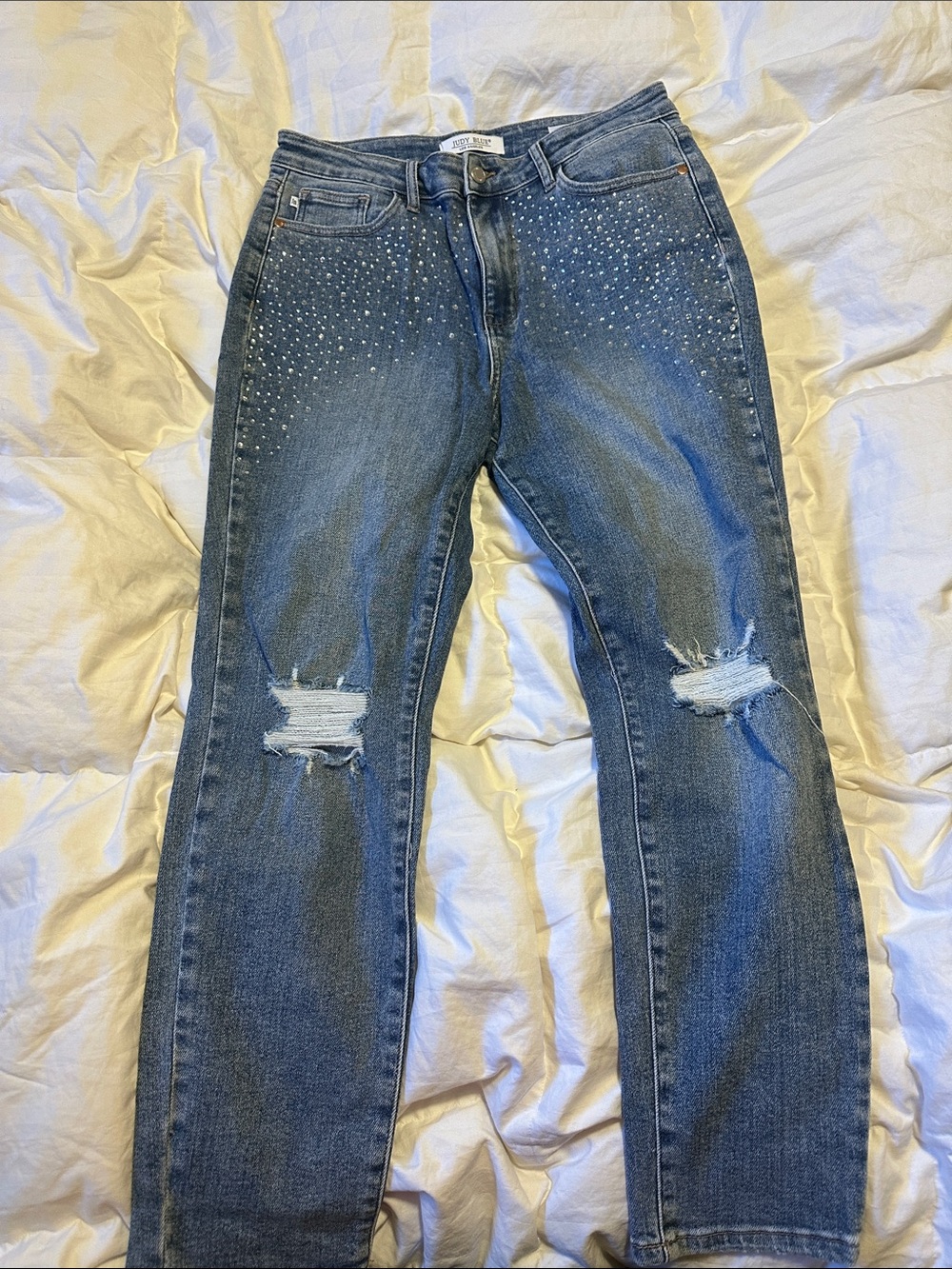 Judy Blue Rhinestone Embellished Distressed Blue Straight Leg Jeans